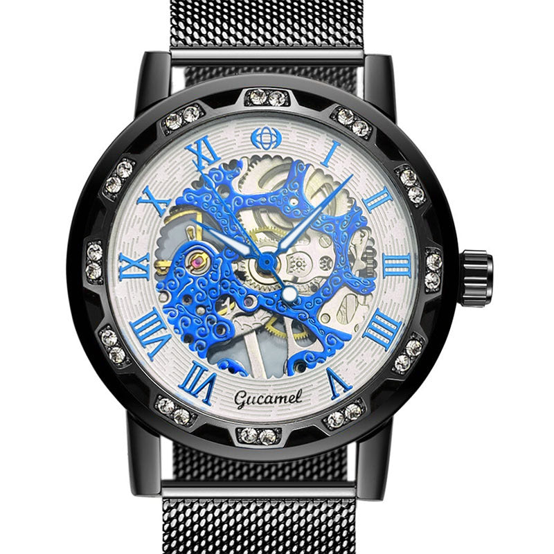 GESMART Men's Hand Winding Mechanical Skeleton Watch Crystal Studded Classic Casual Fashion