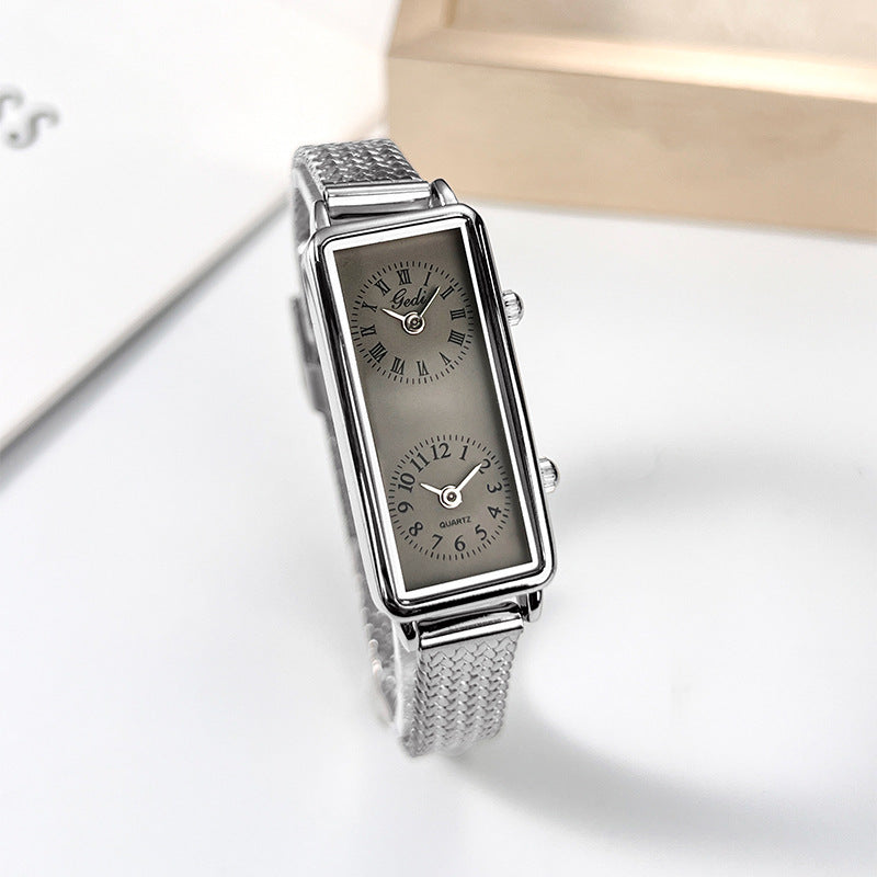 Women's Vintage Roman Numeral Small Square Dual-Time Mesh-Band Quartz Watch