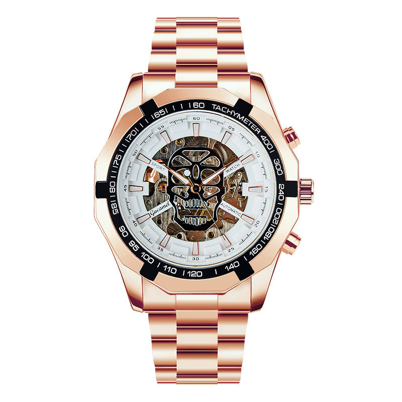 GESMART Men's Gold Tone Skeleton Automatic Mechanical Watch Skull Design Business Trendy