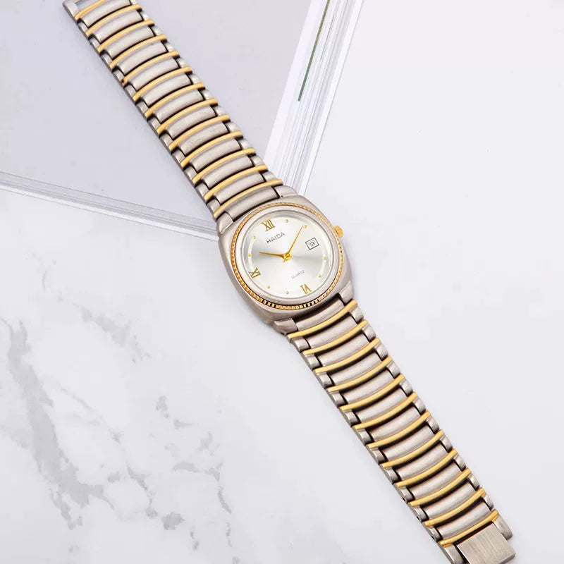 HAIDA Men's Quartz Watch Roman Numerals Yellow White Dial Steel Business NOS