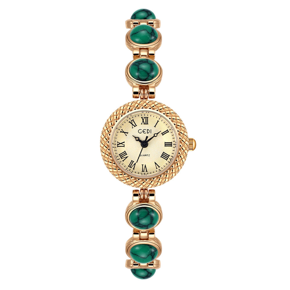 Women's Vintage Turquoise Gold-Bead Bracelet Quartz Watch