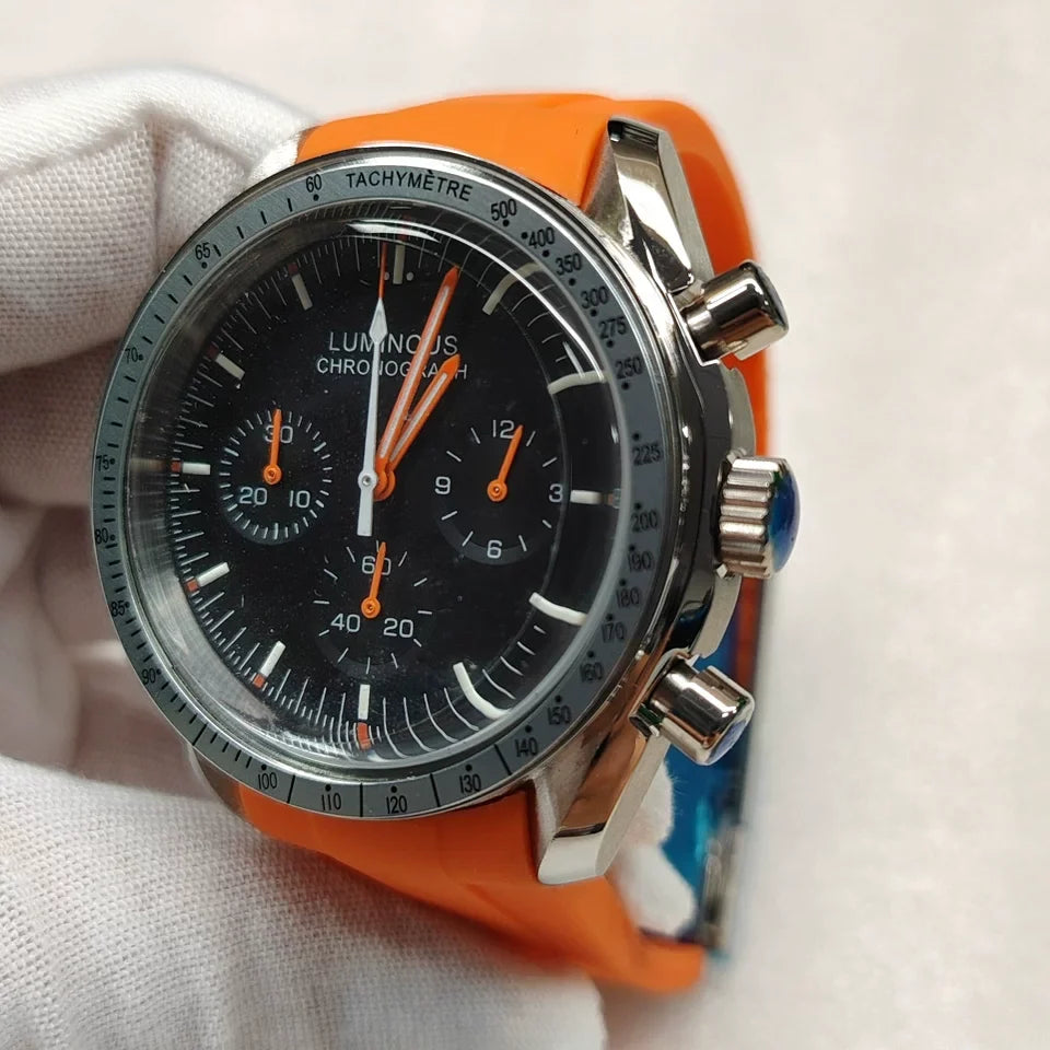 Speedmaster Style Quartz Chronograph Watch Mineral Glass Rubber Strap VK63