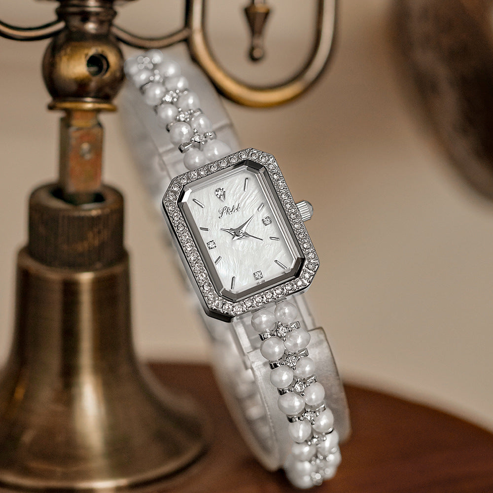Women's Pearl Bracelet Quartz Watch, Slim Dial