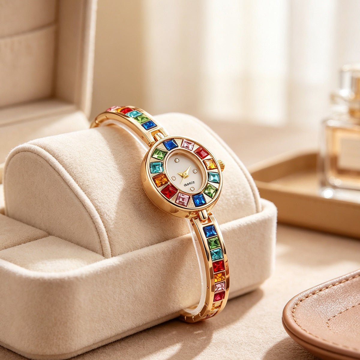 Women's Oval Rainbow CZ Bangle Bracelet Quartz Watch