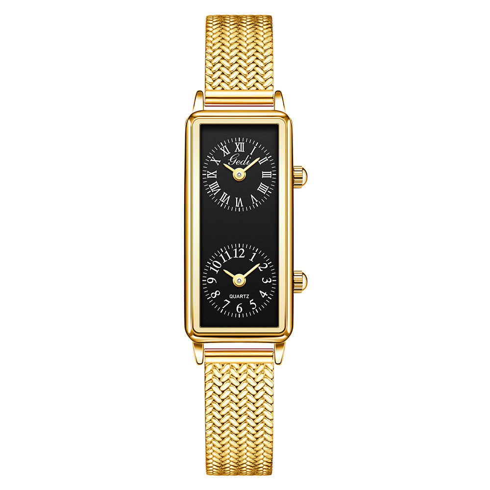 Women's Vintage Roman Numeral Small Square Dual-Time Mesh-Band Quartz Watch