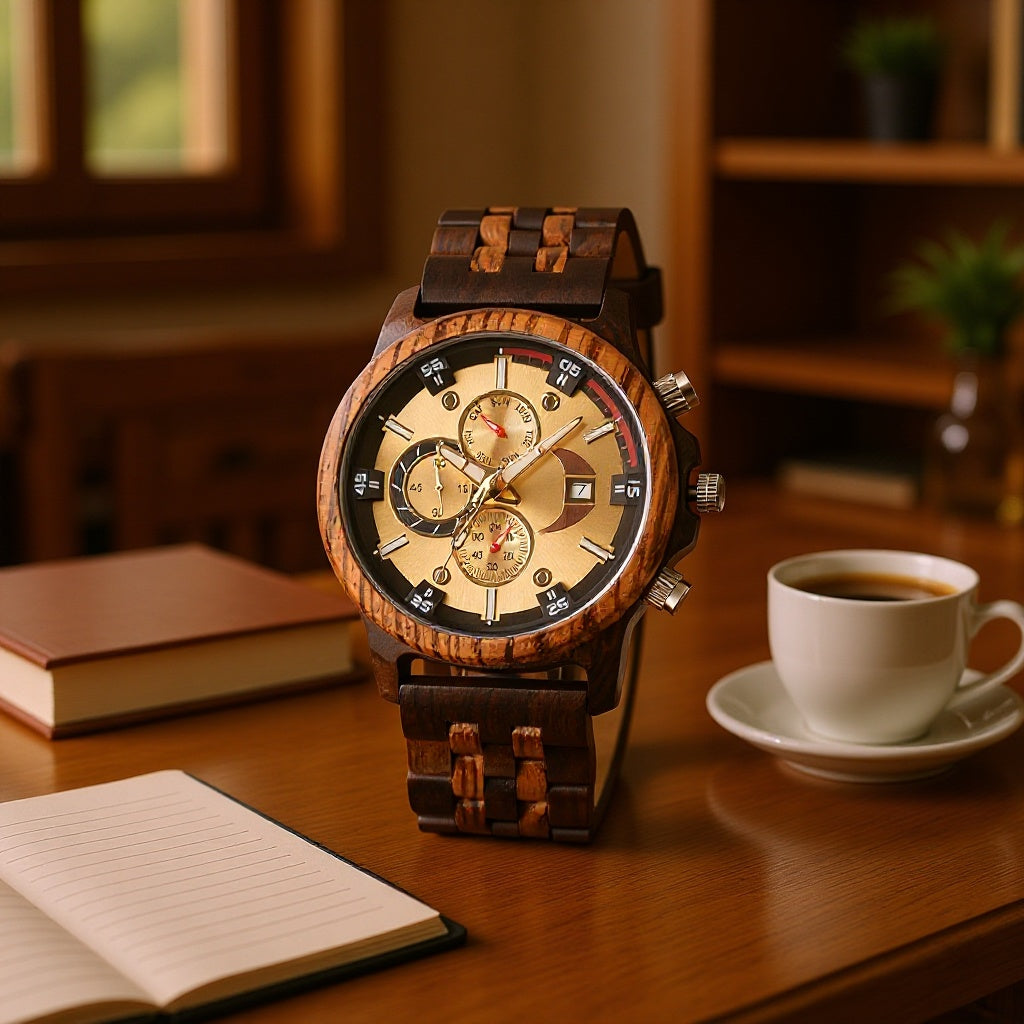 Men's Sandalwood Wooden Three-Eye Multi-Function Quartz Watch