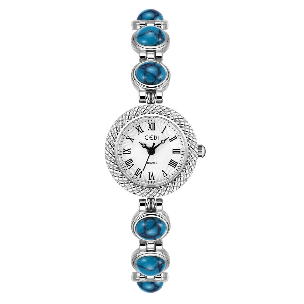Women's Vintage Turquoise Gold-Bead Bracelet Quartz Watch