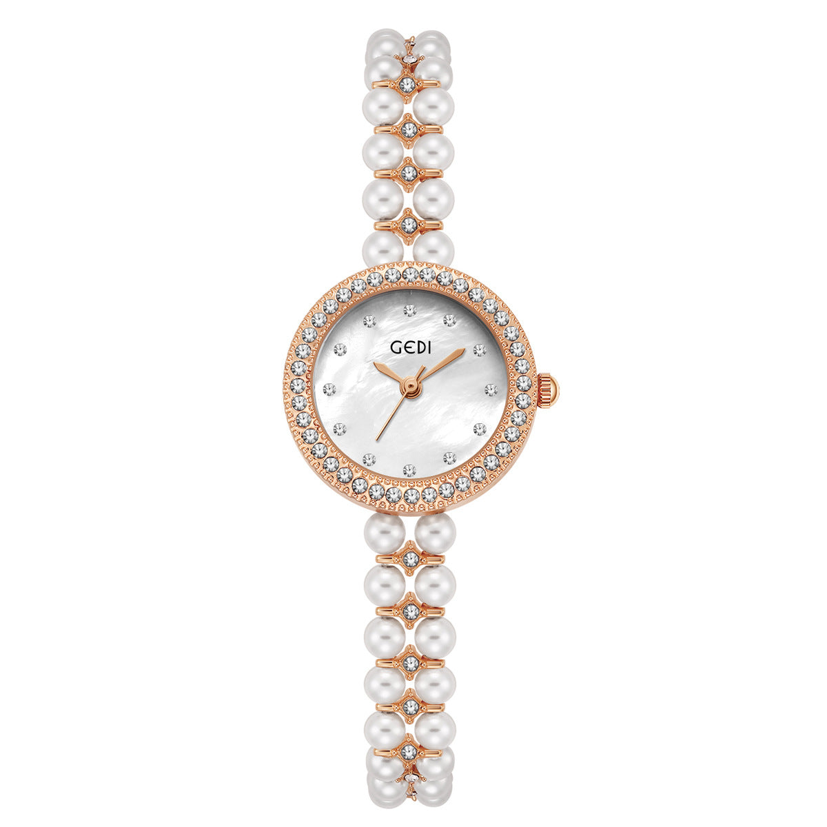 Women's Pearl-Bead Bracelet Round Rhinestone Quartz Watch