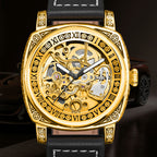 GESMART Men's Retro Engraved Skeleton Mechanical Watch Genuine Leather Water Resistant European Style