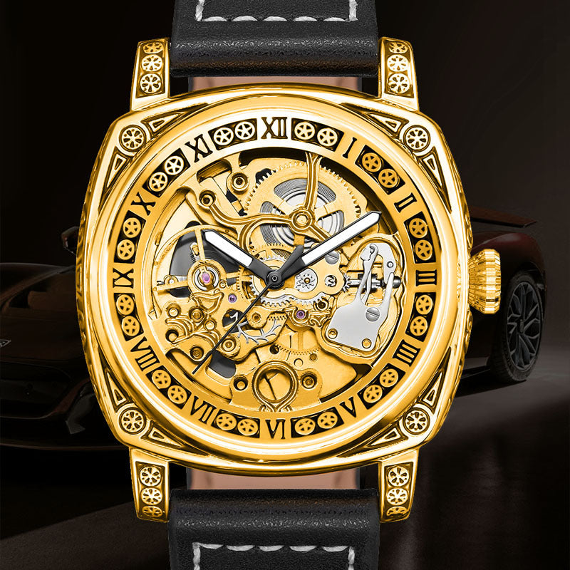 GESMART Men's Retro Engraved Skeleton Mechanical Watch Genuine Leather Water Resistant European Style