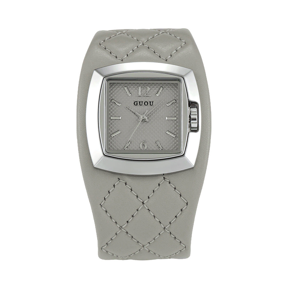 Women's British-Style Plaid Leather Vintage Square Quartz Watch