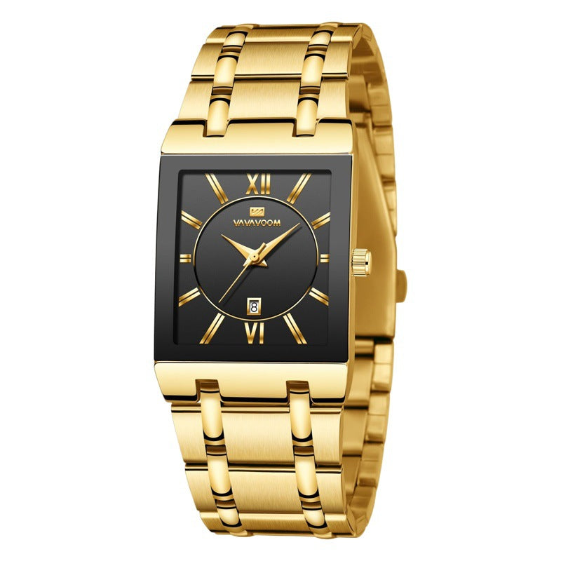 GESMART Men's Rectangular Stainless Steel Gold Tone Watch Calendar Quartz Water Resistant Large Dial Business