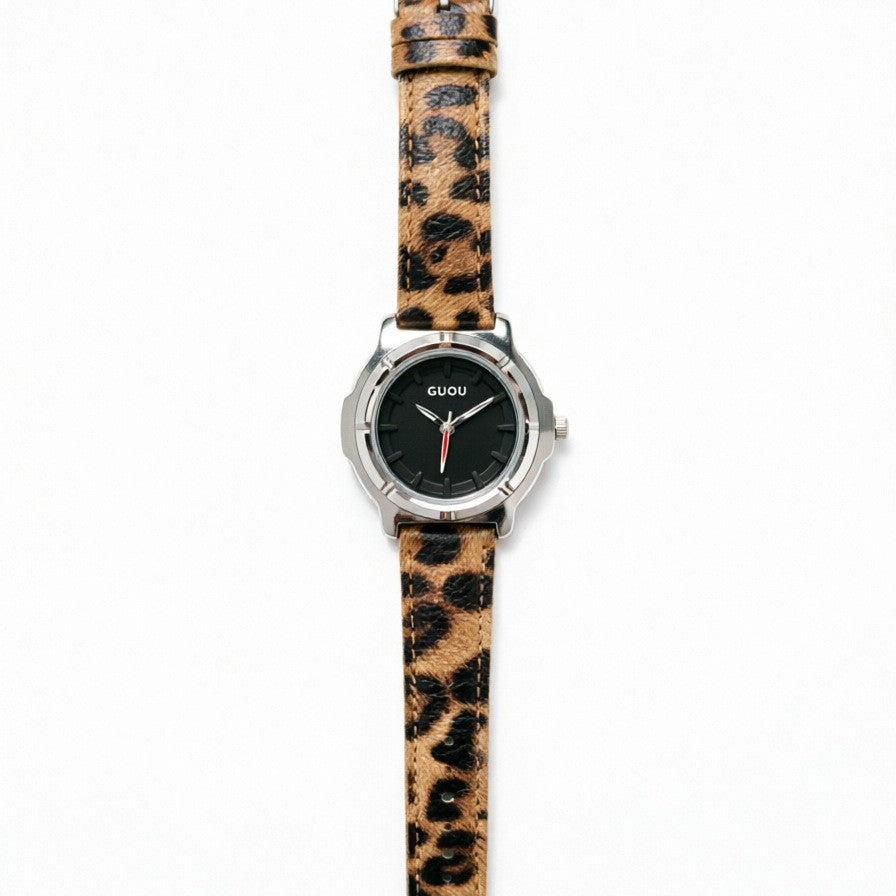 Women's Vintage Leopard-Print Plush Leather-Strap Watch