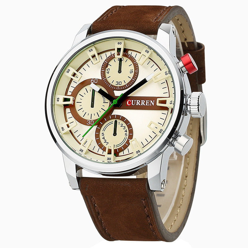 GESMART Men's Quartz Watch Three Sub Dials Chronograph Leather Band Model 8170