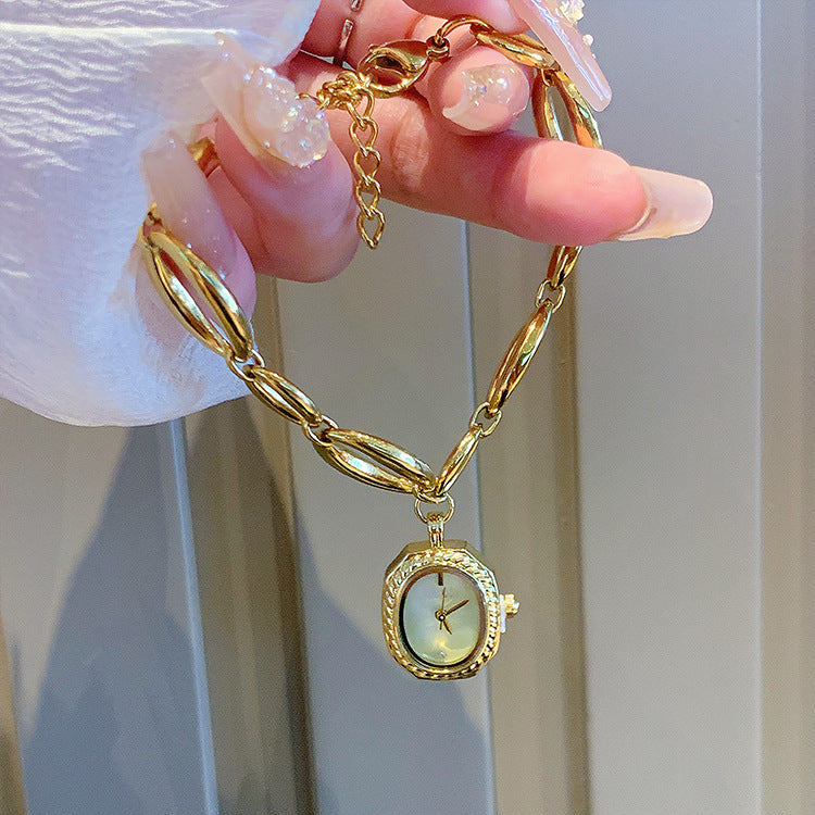 Women's French Braided Mother-of-Pearl Oval Skeleton Gold Bracelet Watch