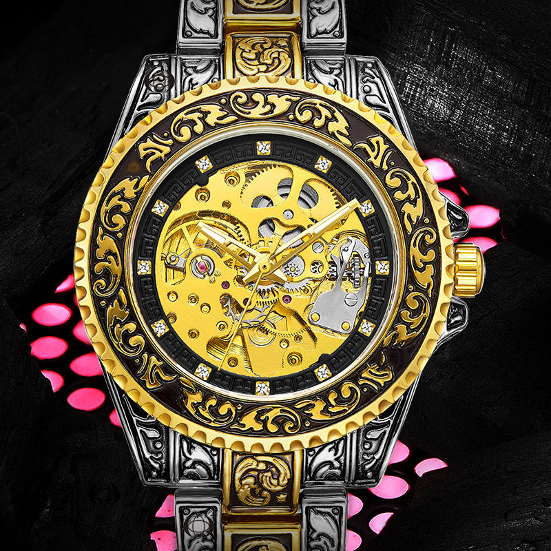 GESMART Men's New Skeleton Engraved Automatic Mechanical Watch European American Vintage Style