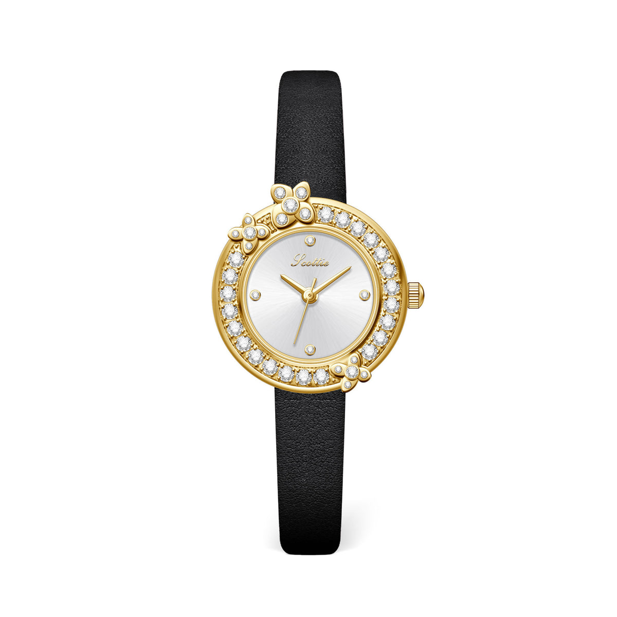 GESMART Women's French Floral Rhinestone Quartz Watch Leather Band Diamond Studded Commuter Ladies Wristwatch