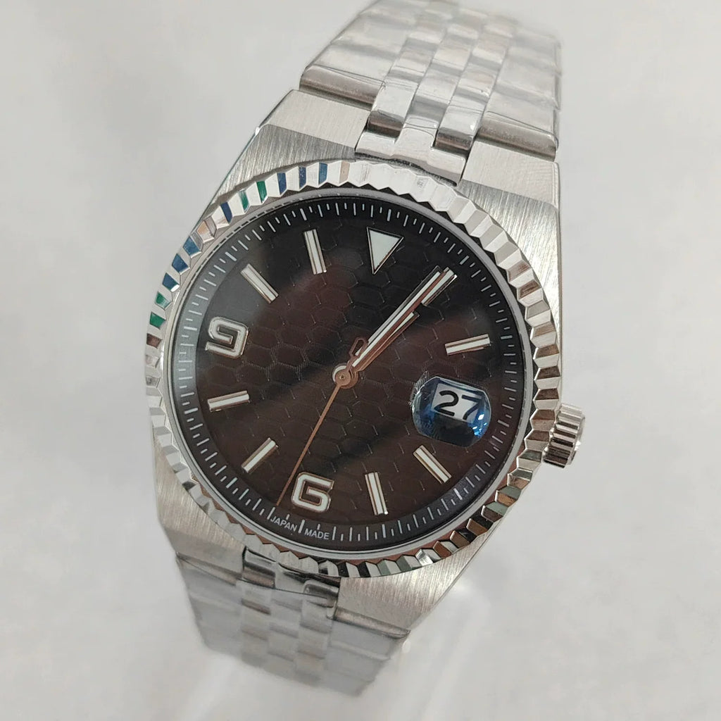 Men's 39.5mm Automatic Watch Coin Bezel Exhibition Back Cyclops Sapphire Crystal
