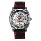 GESMART Men's Square Engraved Automatic Mechanical Watch Double Sided Skeleton Leather Band Water Resistant