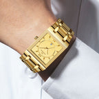 GESMART Men's Rectangular Stainless Steel Gold Tone Watch Calendar Quartz Water Resistant Large Dial Business