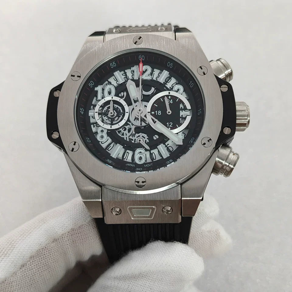 No Logo 42.5mm Quartz Watch Stainless Steel Case Rubber Strap VK63 Movement