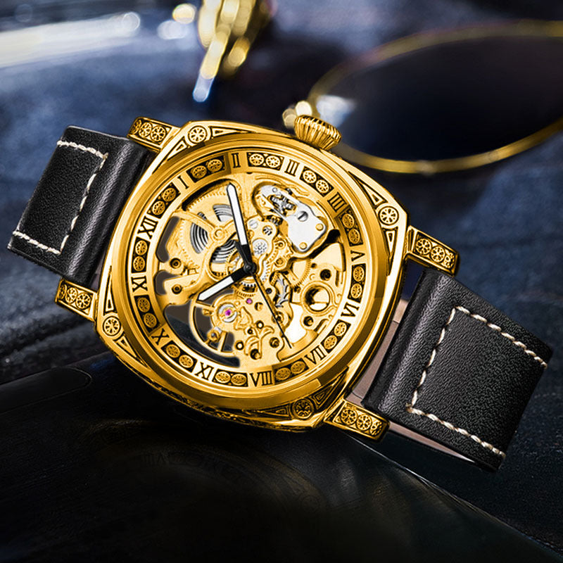 GESMART Men's Retro Engraved Skeleton Mechanical Watch Genuine Leather Water Resistant European Style