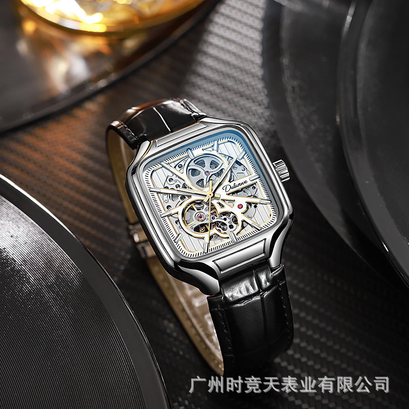 GESMART Men's Small Square Automatic Mechanical Skeleton Watch Luminous Water Resistant Fashion Trendy