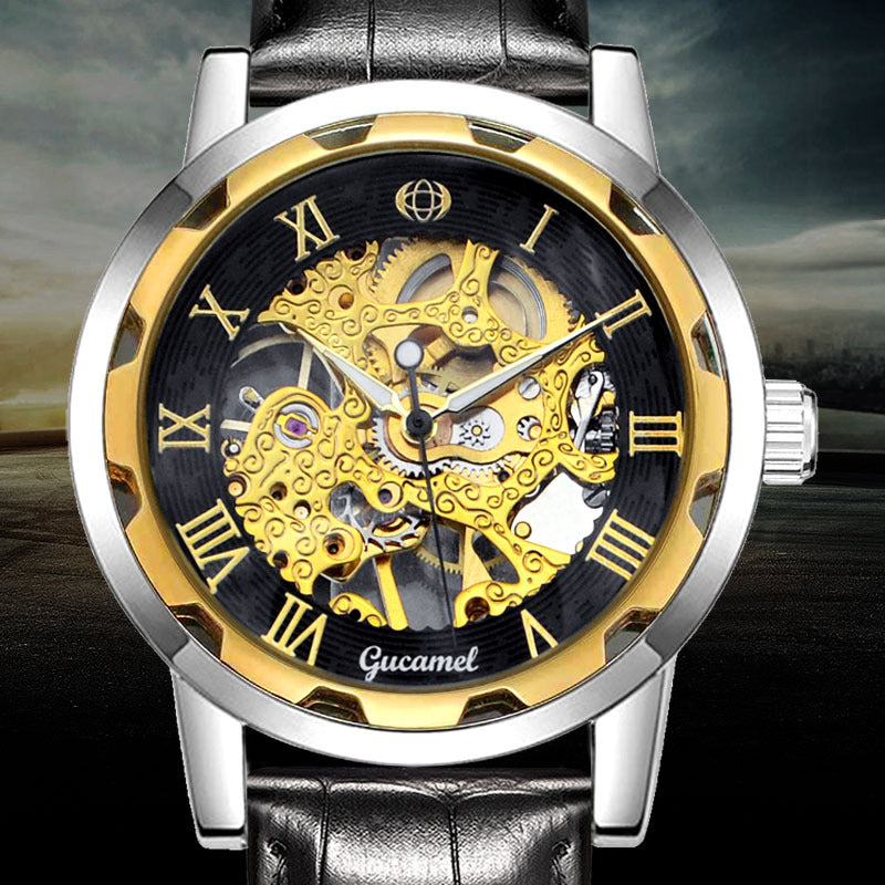 GESMART Men's Gold Tone Steel Band Skeleton Hand Winding Mechanical Watch Fashion Trendy