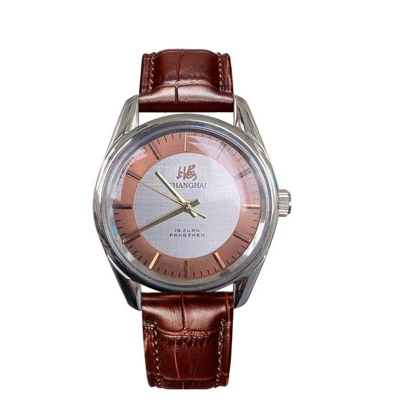 Shanghai Men's Manual Wind Mechanical Watch Round Steel Bracelet NOS
