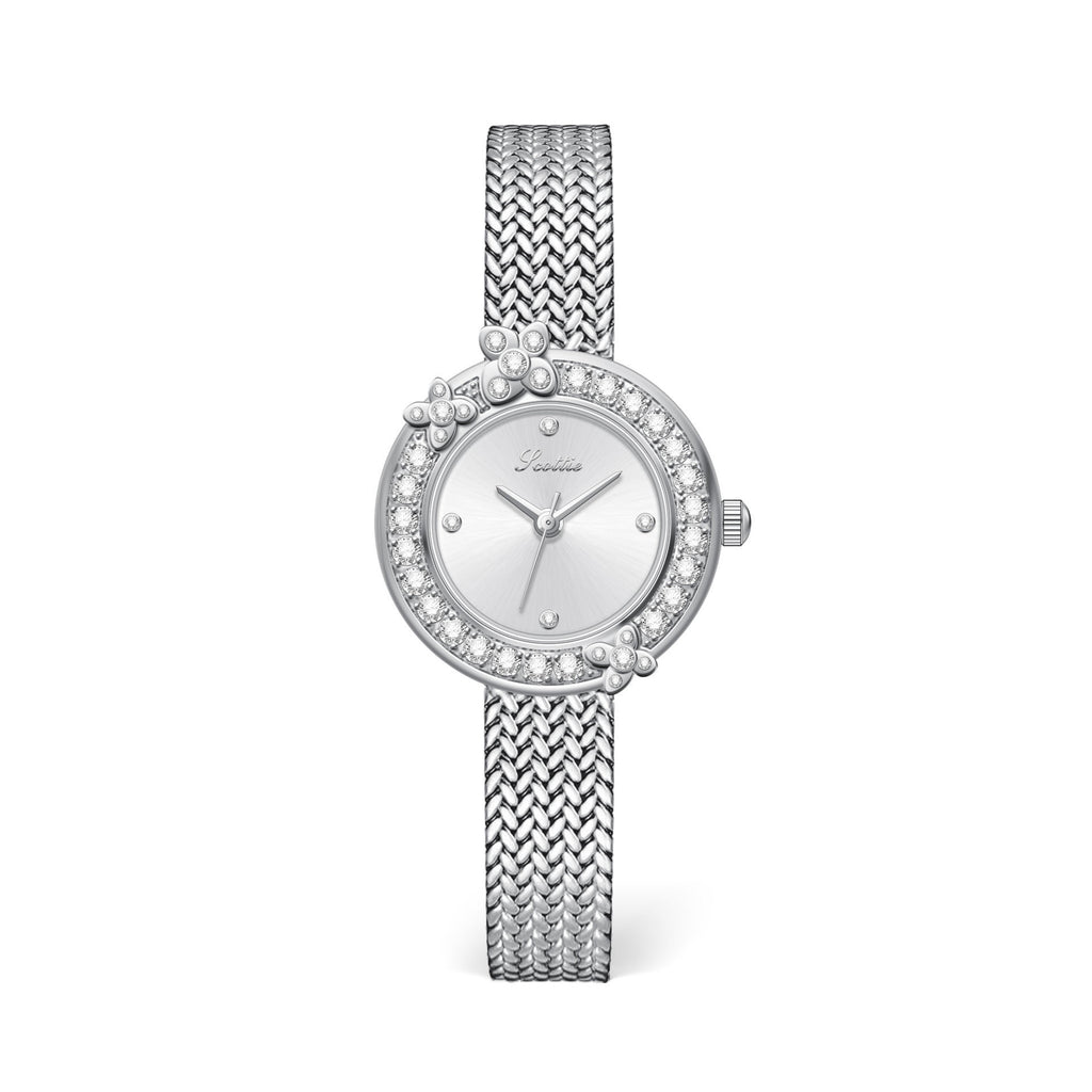 GESMART Women's French Floral Rhinestone Quartz Watch Leather Band Diamond Studded Commuter Ladies Wristwatch
