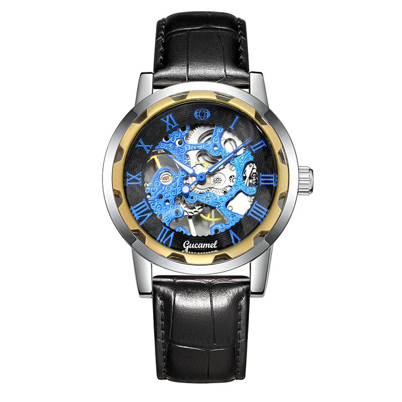 GESMART Men's Gold Tone Steel Band Skeleton Hand Winding Mechanical Watch Fashion Trendy