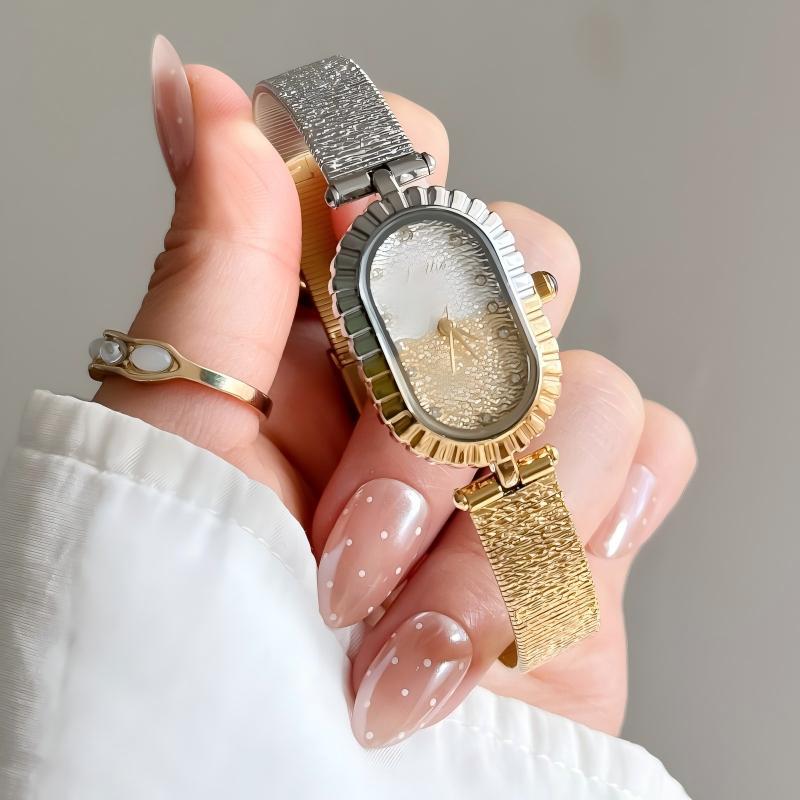 GESMART Women's Two Tone Gold Silver Oval Dial Watch Textured Mesh Band Diamond Studded Quartz