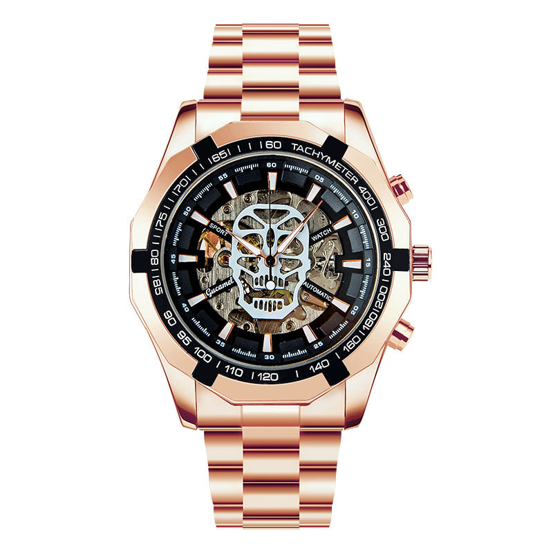 GESMART Men's Gold Tone Skeleton Automatic Mechanical Watch Skull Design Business Trendy