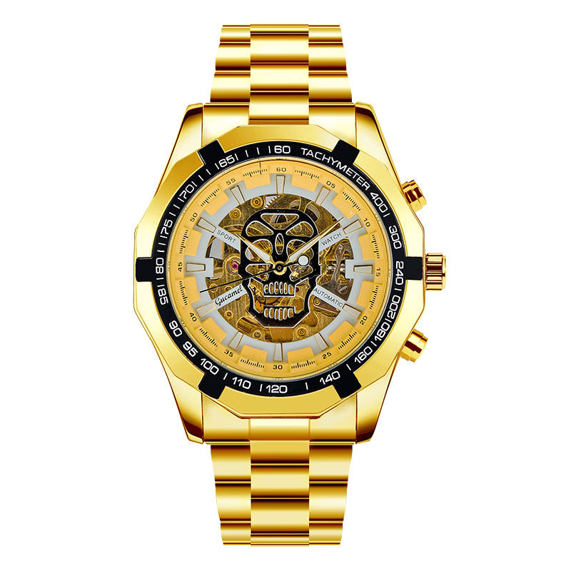GESMART Men's Gold Tone Skeleton Automatic Mechanical Watch Skull Design Business Trendy