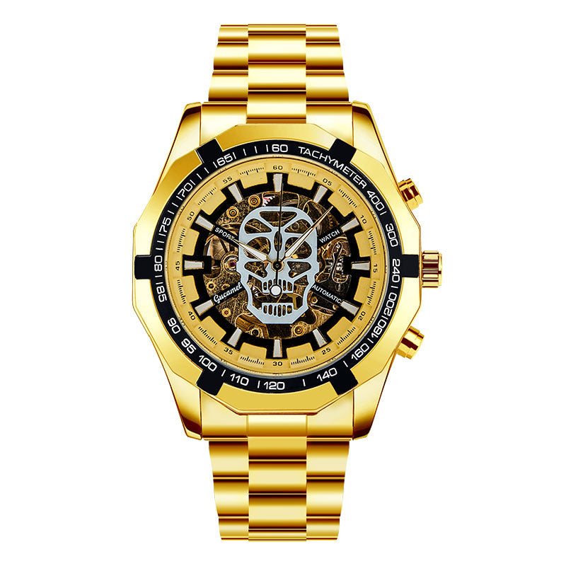 GESMART Men's Gold Tone Skeleton Automatic Mechanical Watch Skull Design Business Trendy