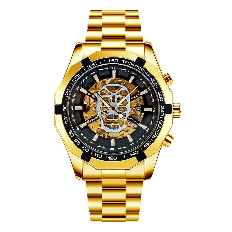 GESMART Men's Gold Tone Skeleton Automatic Mechanical Watch Skull Design Business Trendy