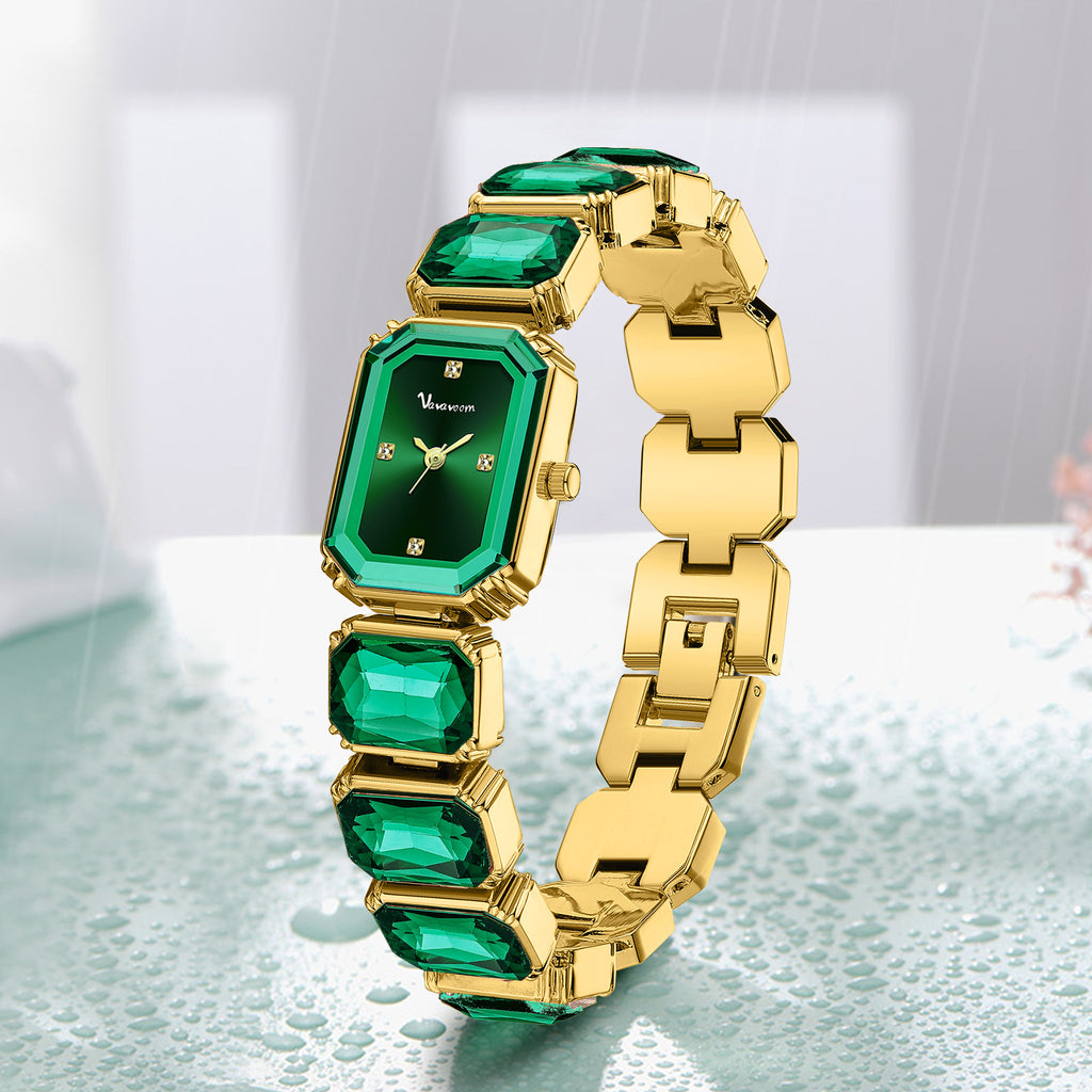 GESMART Women's Square Green Dial Quartz Watch Diamond Studded Elegant Personality