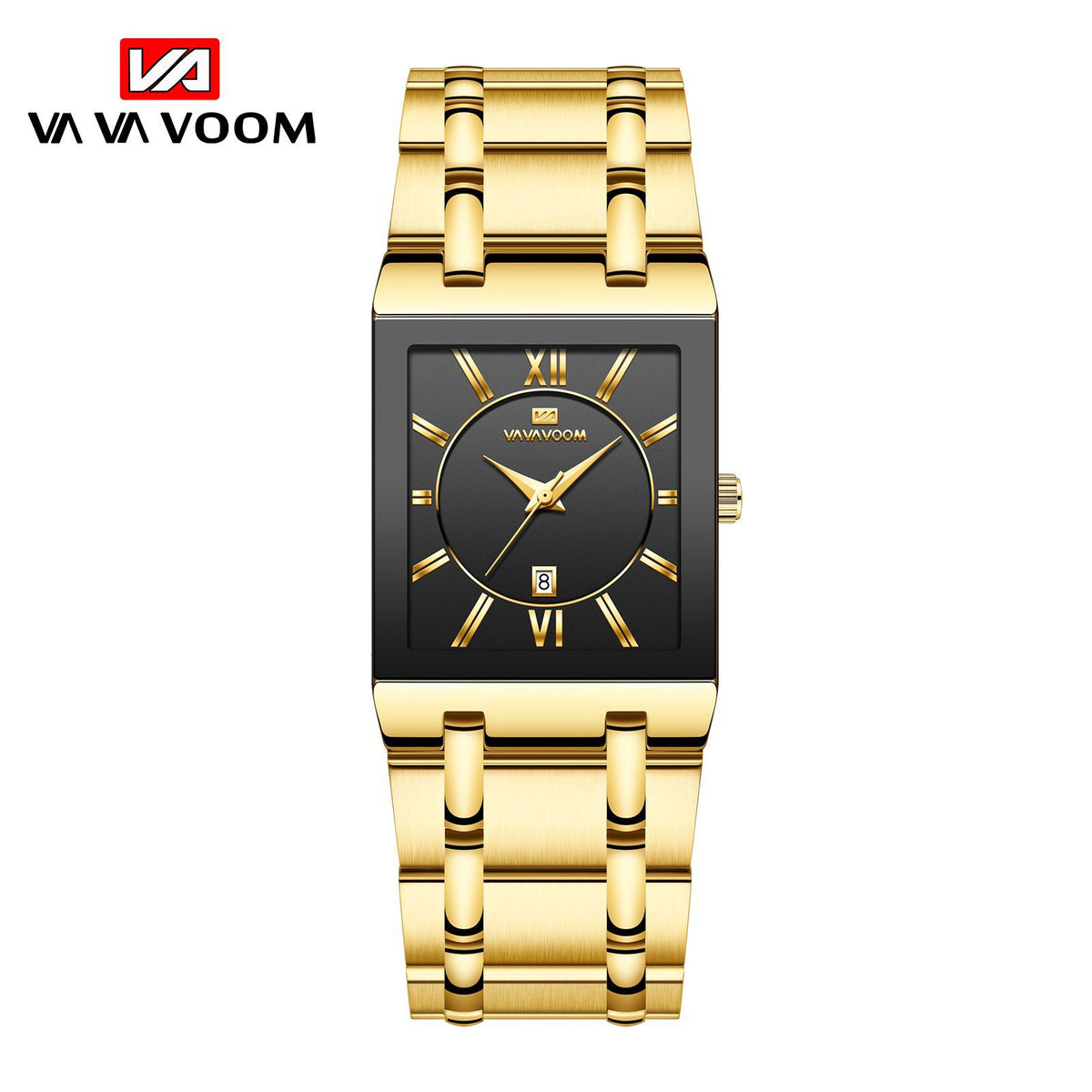 GESMART Men's Rectangular Stainless Steel Gold Tone Watch Calendar Quartz Water Resistant Large Dial Business