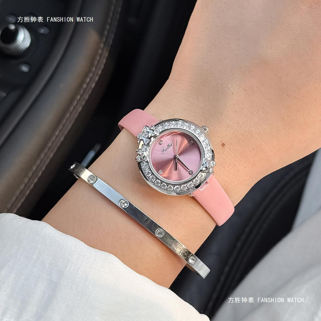 GESMART Women's French Floral Rhinestone Quartz Watch Leather Band Diamond Studded Commuter Ladies Wristwatch