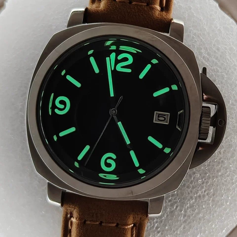 Men's 40mm Automatic Watch Polished Steel Case Green Lume Dial NH35 Movement