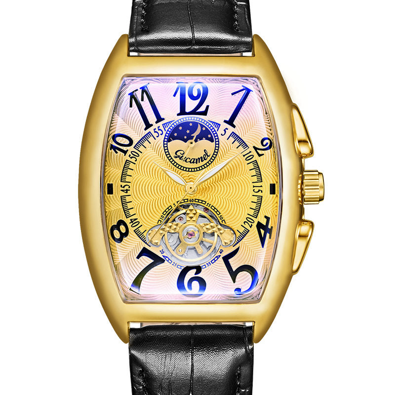 GESMART Men's Tonneau Shape Tourbillon Automatic Mechanical Watch Sun Moon Stars Design