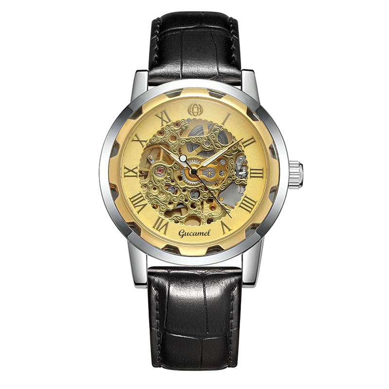 GESMART Men's Gold Tone Steel Band Skeleton Hand Winding Mechanical Watch Fashion Trendy