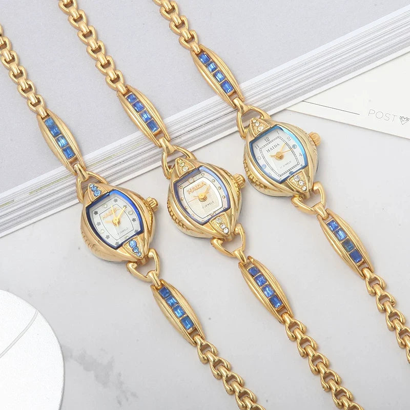 HAIDA Ladies Manual Wind Mechanical Watch Gold-Plated Blue Glass Crystal Fashion