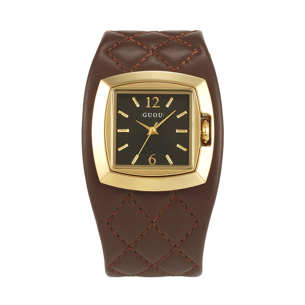 Women's British-Style Plaid Leather Vintage Square Quartz Watch