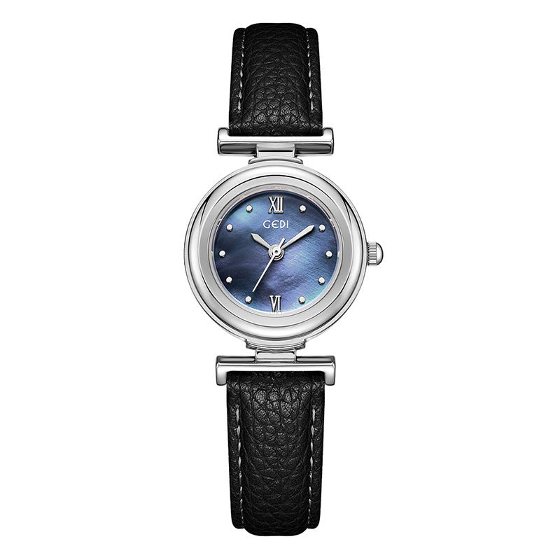 Women's Mother-of-Pearl Small Round Leather-Strap Quartz Watch