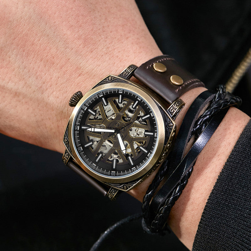 GESMART Men's New Automatic Mechanical Watch Multifunction Engraved Pattern Luminous Water Resistant