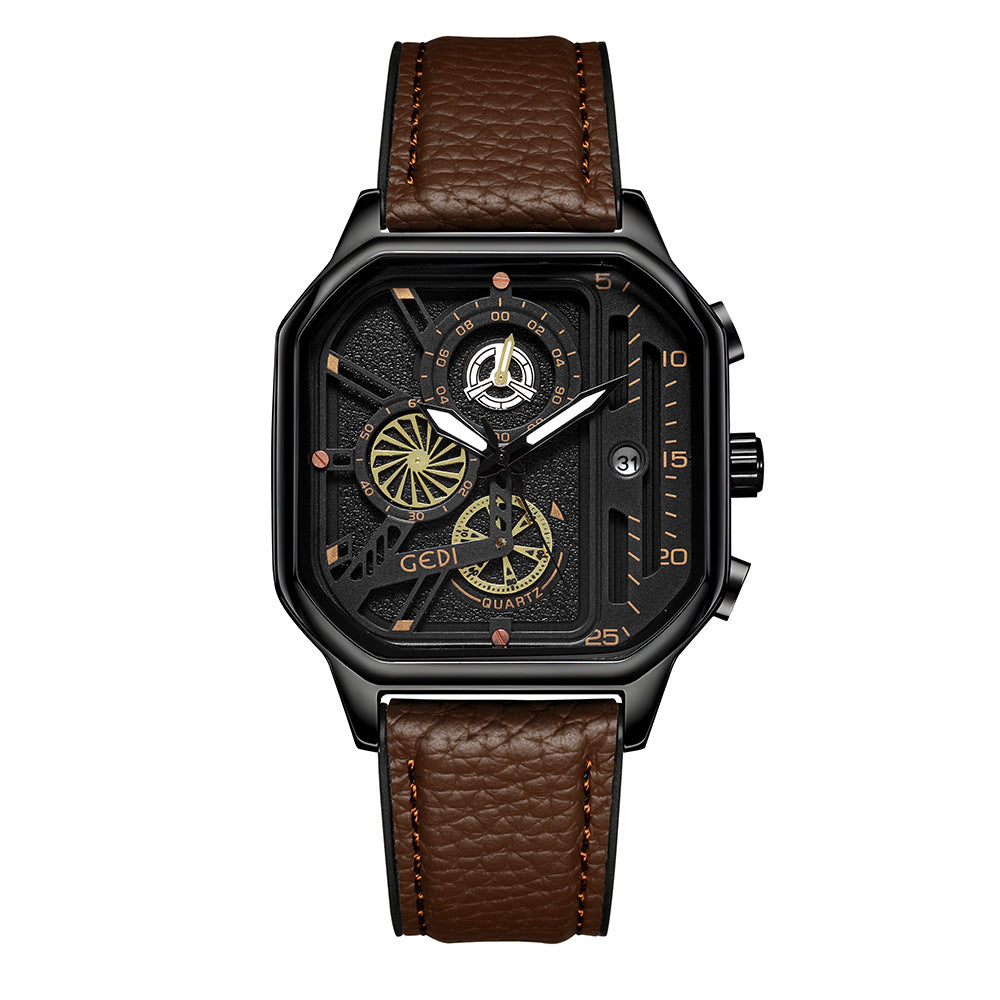GESMART Men's Square Large Dial Quartz Watch Leather Band Stylish Low Key Personality Design