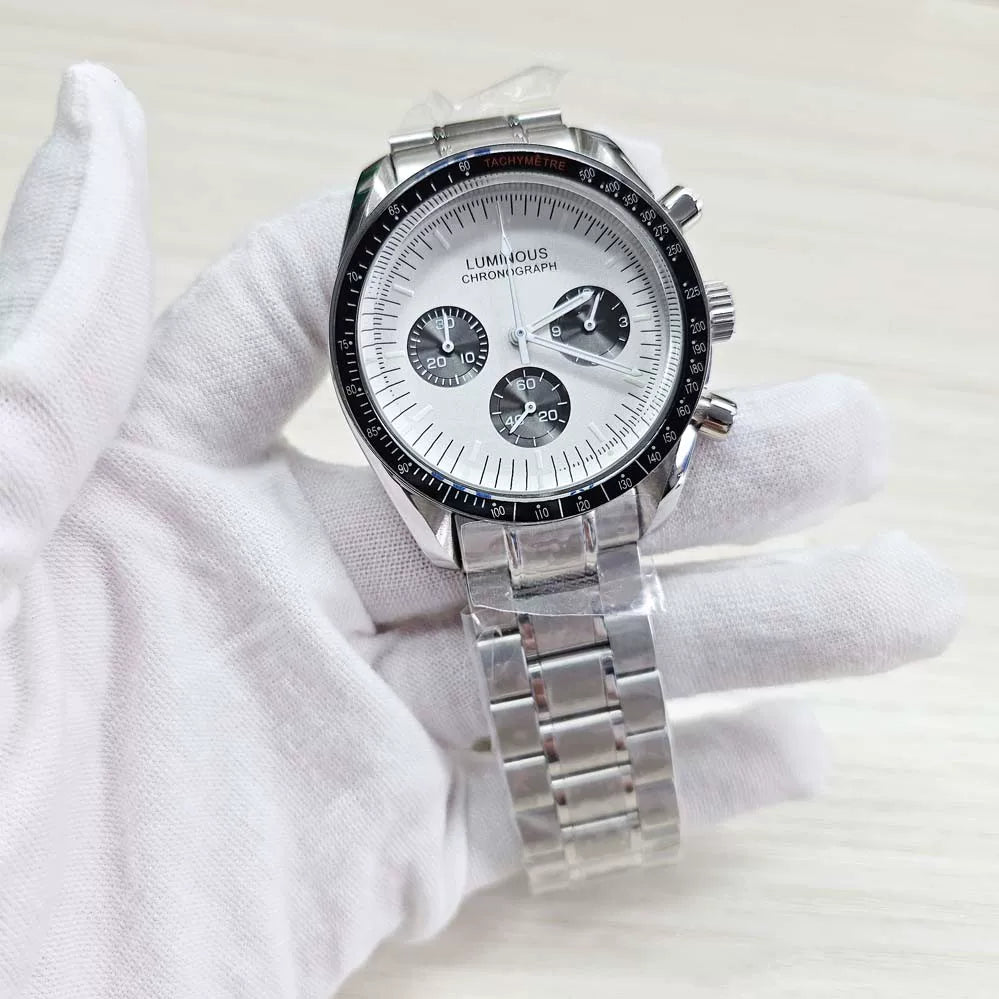 Men's 40mm Speedmaster Style Quartz Watch Steel Case VK63 Movement Mineral Glass