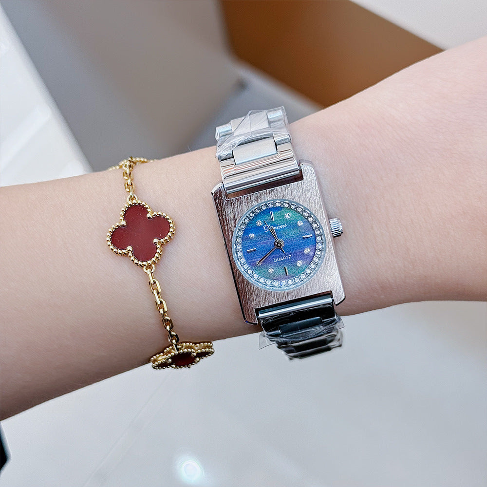 Women's Square-Outside-Round-Inside Steel Rhinestone Watch