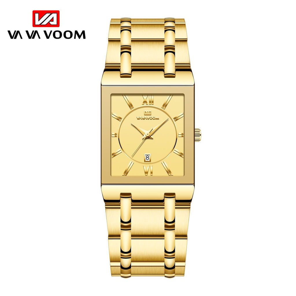 GESMART Men's Rectangular Stainless Steel Gold Tone Watch Calendar Quartz Water Resistant Large Dial Business
